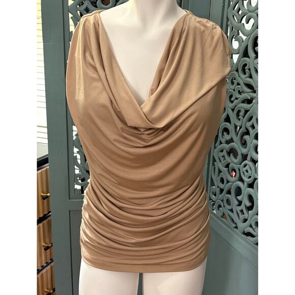 Soulmates Soft Gold Shimmer/Beige Sleeveless Bodycon Top-Glam Party Blouse-Sz L - Picture 1 of 6